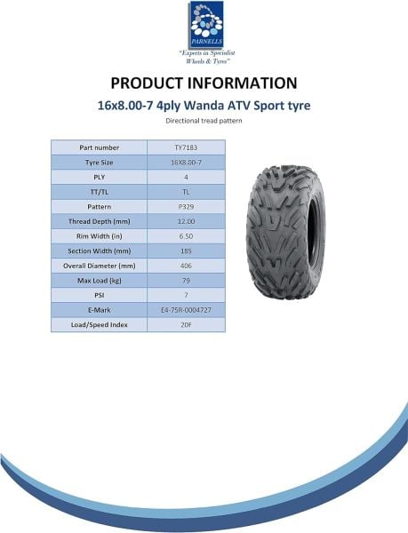 Wanda 16x8-7 P329 4PR Atv Lastik